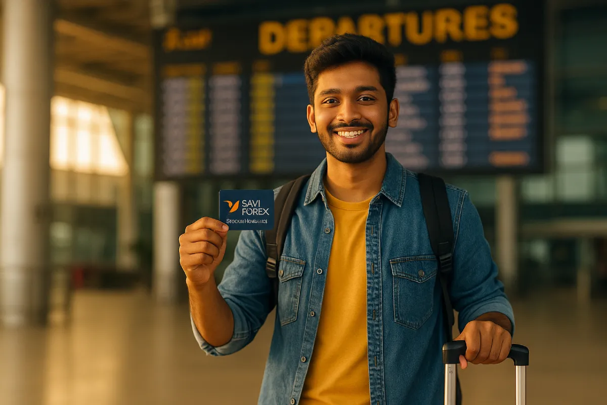 Indian student at Kempegowda International Airport holding the best forex card for students from Savi Forex, ready to study abroad