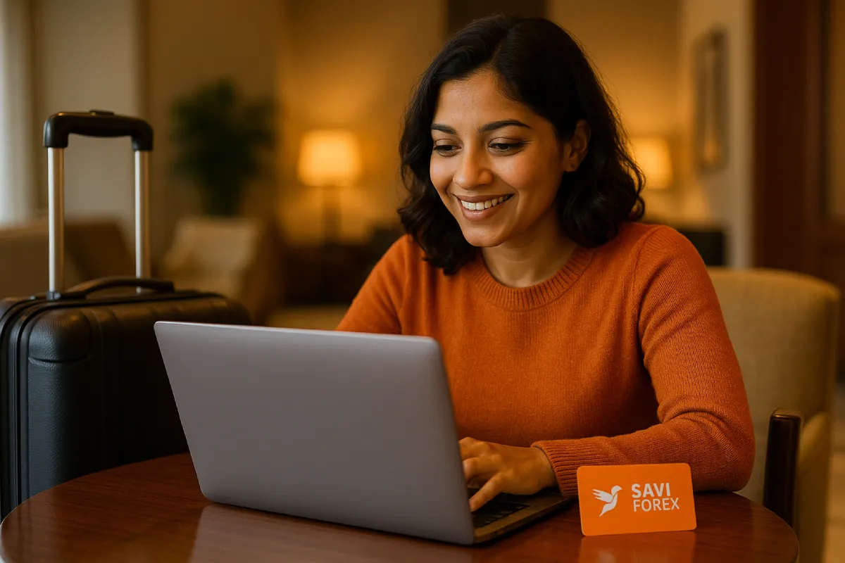 12 Key Benefits of a Forex Card | Saviforex Bangalore 4 Solo traveler filing online insurance claim on laptop with suitcase and Saviforex forex card, stressing safety & coverage benefits of a forex card