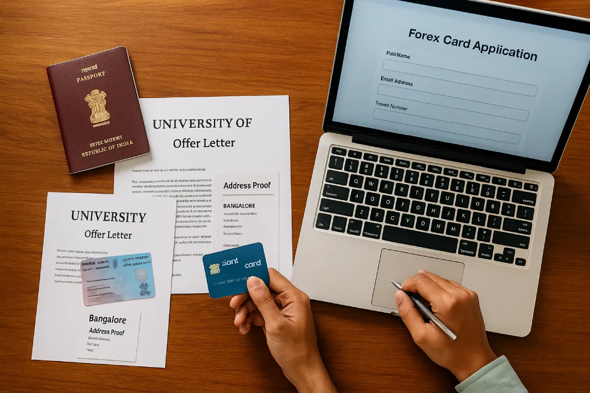 Best Forex Card for Students - Your Complete 2025 Guide 4 Overhead view of Indian student preparing documents to apply for the best forex card for students, including passport, PAN card, and address proof