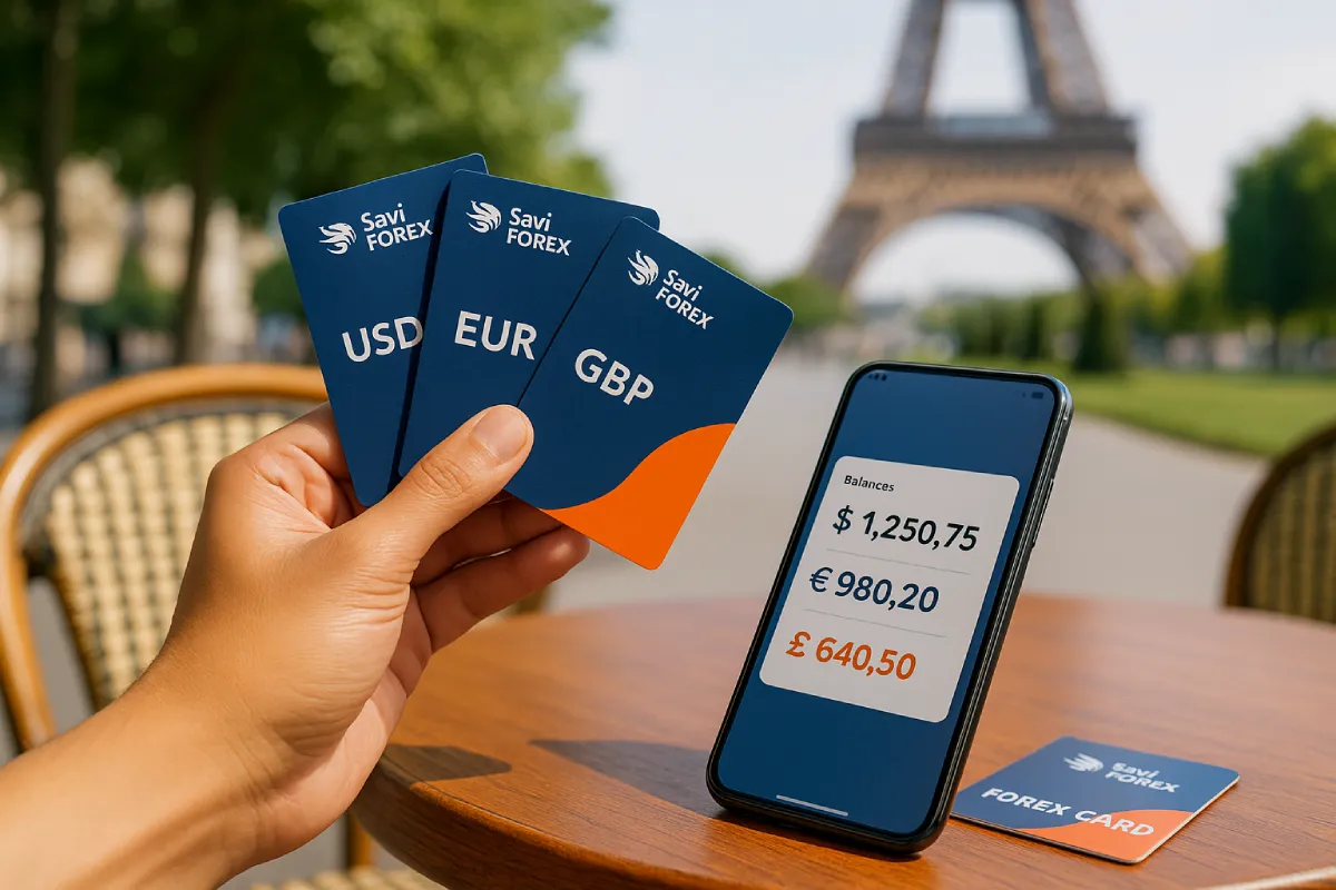 12 Key Benefits of a Forex Card | Saviforex Bangalore 2 Hand fanning USD, EUR, GBP Saviforex forex cards beside smartphone in Paris café, showcasing multi-currency benefits of a forex card
