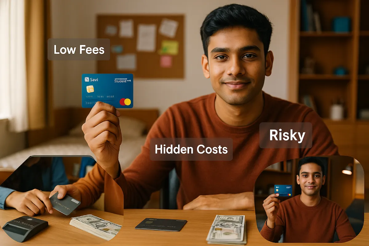 Best Forex Card for Students - Your Complete 2025 Guide 5 Confident student comparing best forex card for students with traditional credit card and cash in a dorm room setup