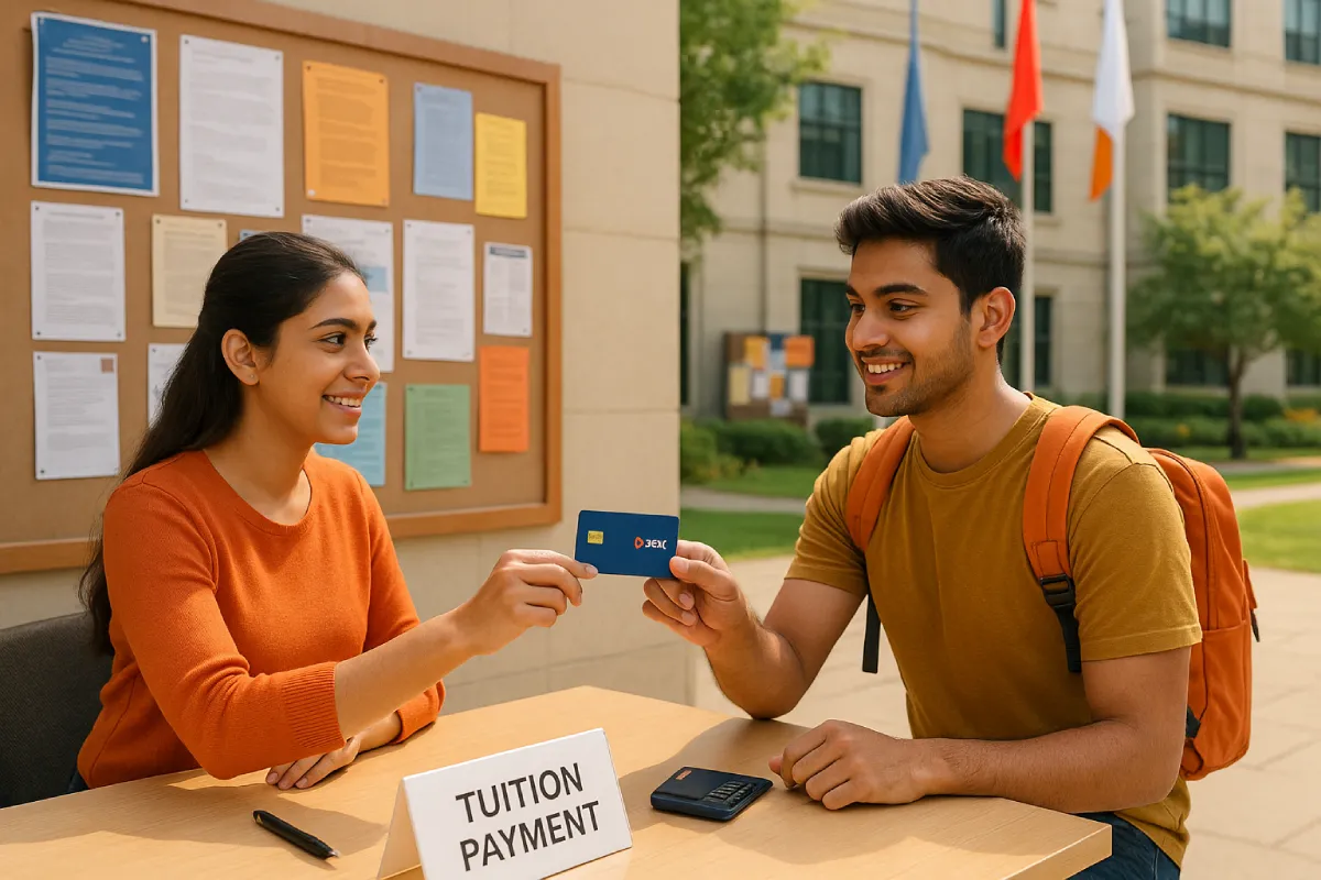 12 Key Benefits of a Forex Card | Saviforex Bangalore 5 Indian student paying tuition with Saviforex forex card at campus cashier, demonstrating student-friendly benefits of a forex card