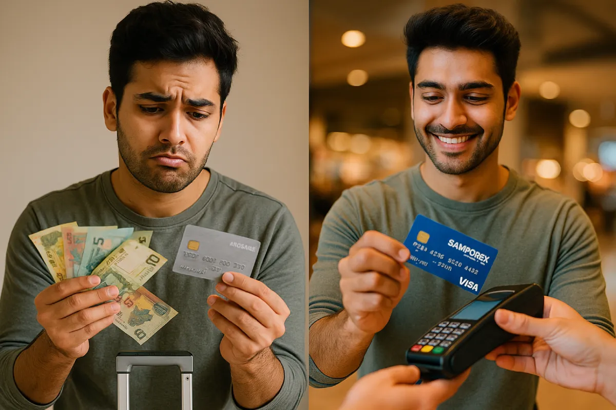 Best Forex Card for Students - Your Complete 2025 Guide 2 Comparison of a student stressed with cash and credit card vs. confidently using the best forex card for students at a POS terminal