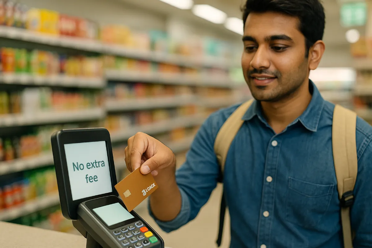 12 Key Benefits of a Forex Card | Saviforex Bangalore 3 Indian traveler tapping Saviforex forex card on Tokyo POS terminal reading “No extra fee,” illustrating cost-saving benefits of a forex card