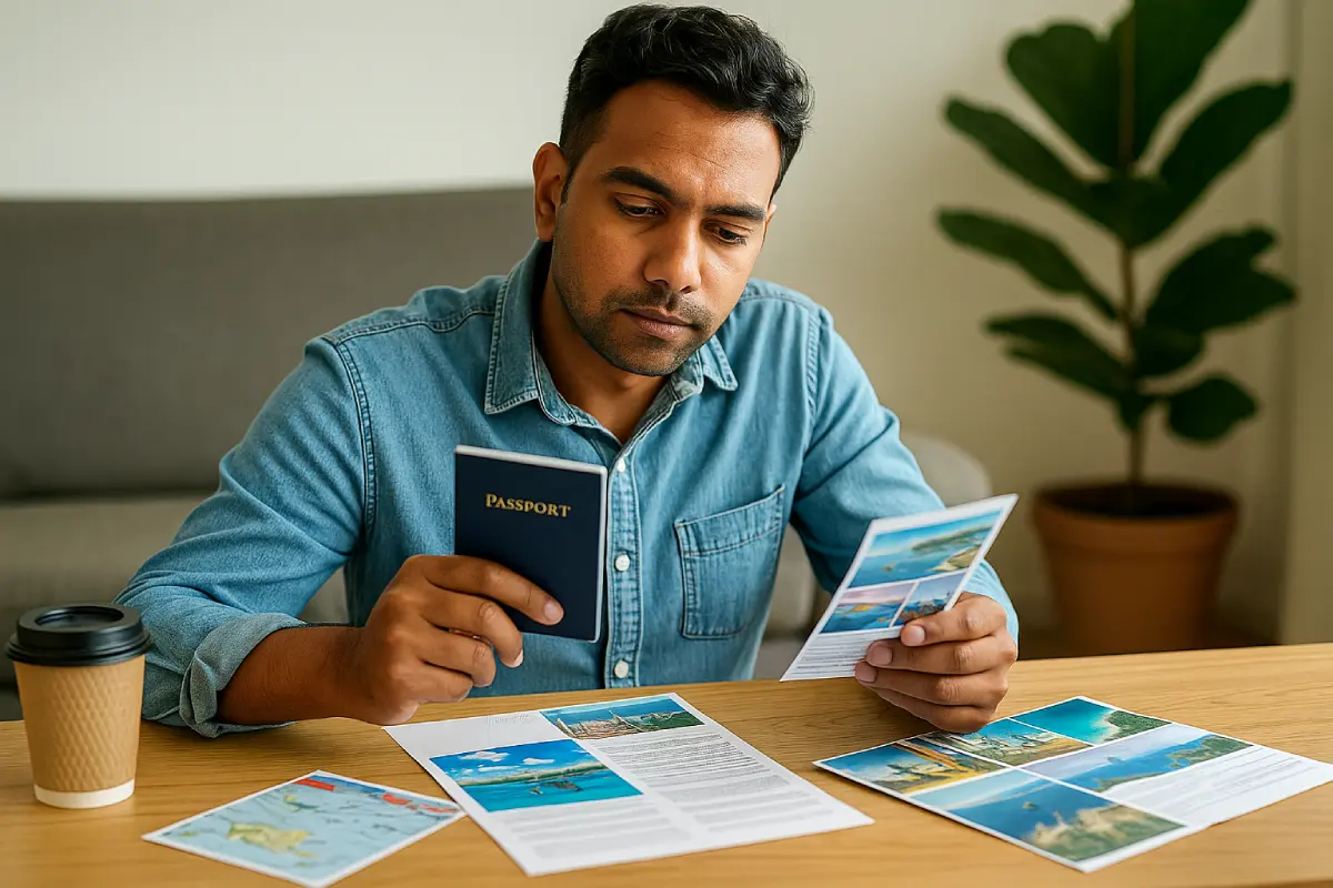 Indian traveler reviewing passport and brochures, How to Apply for a Visa Online