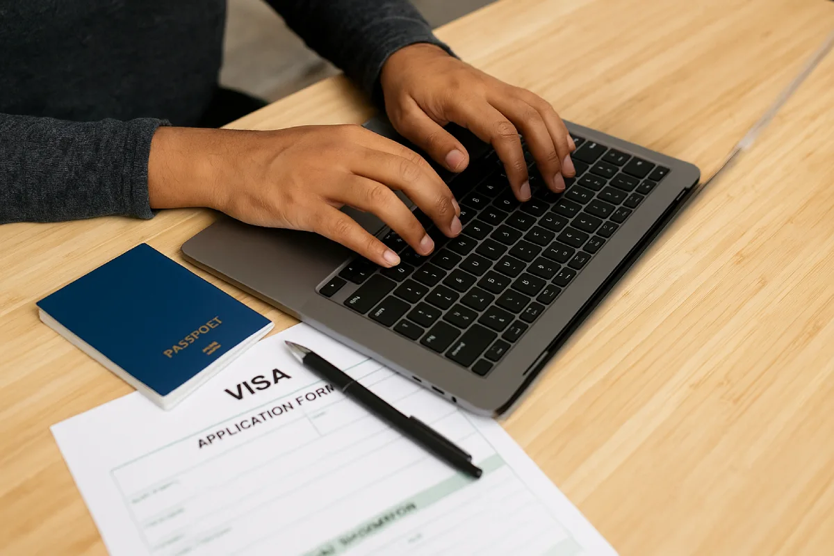 Hands typing with passport nearby