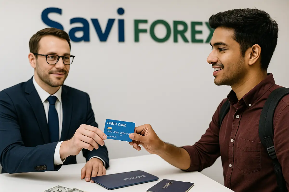 Forex Card vs International Debit Card: What’s Best? 6 Forex Card handed to traveler at Savi Forex counter