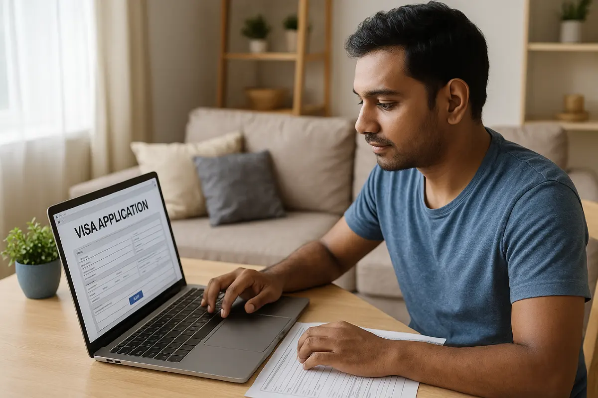 Indian traveler applying on laptop, How to Apply for a Visa Online
