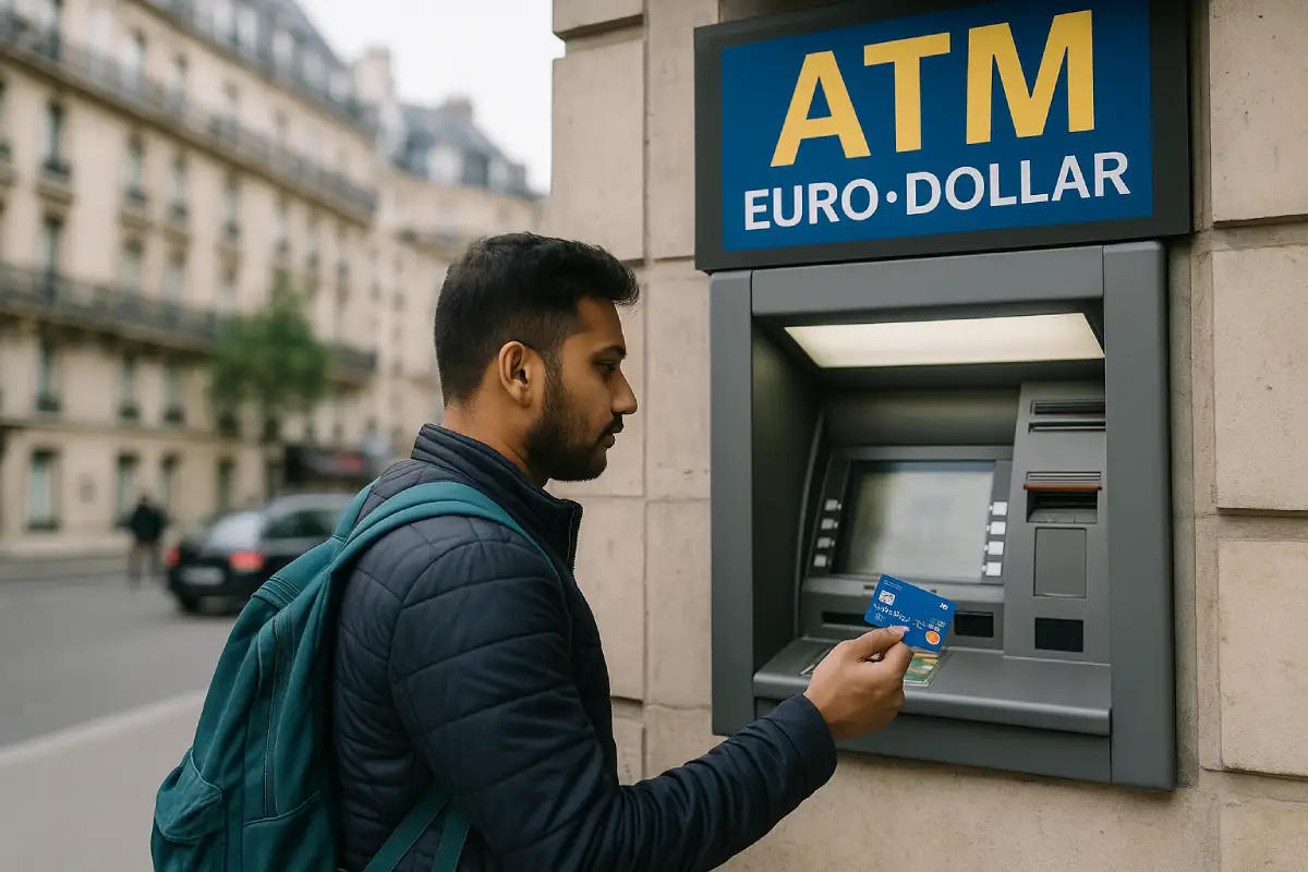 Forex Card vs International Debit Card: What’s Best? 3 Indian traveler using International Debit Card at foreign ATM with Euro signage