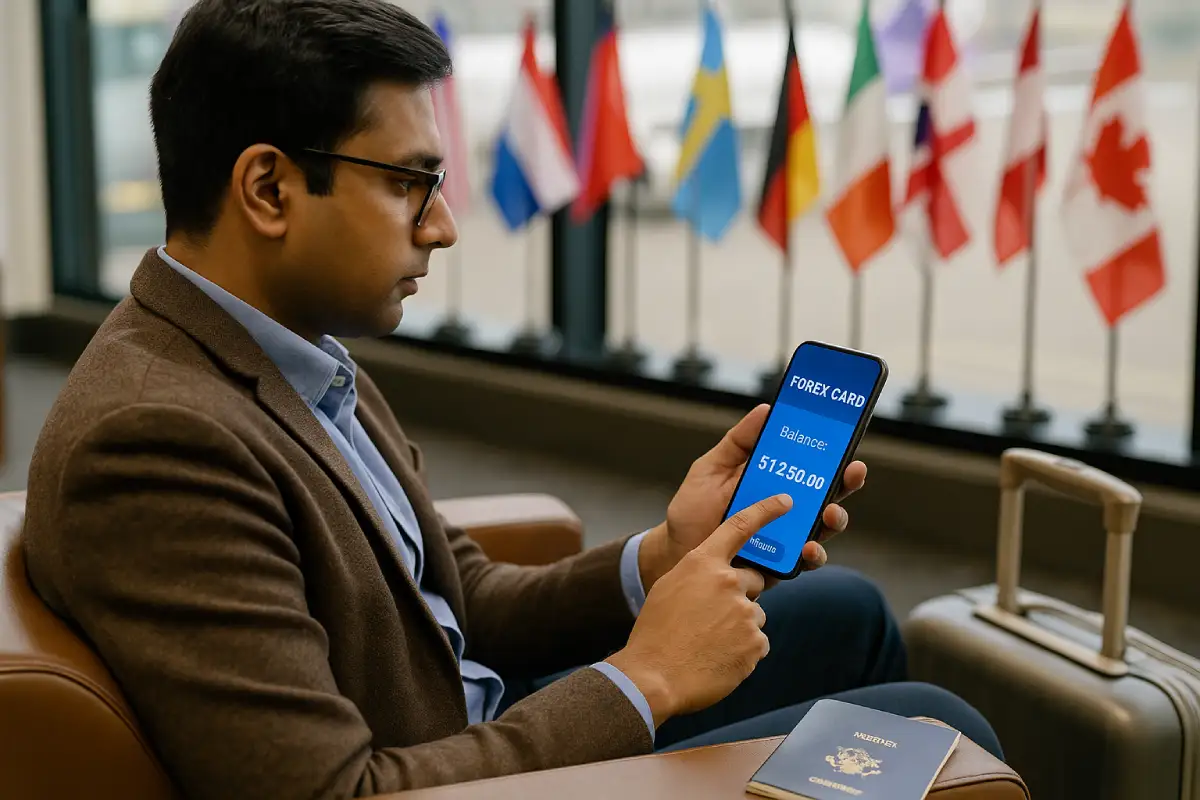 Forex Card vs International Debit Card: What’s Best? 5 Traveler checking Forex Card balance in airport lounge