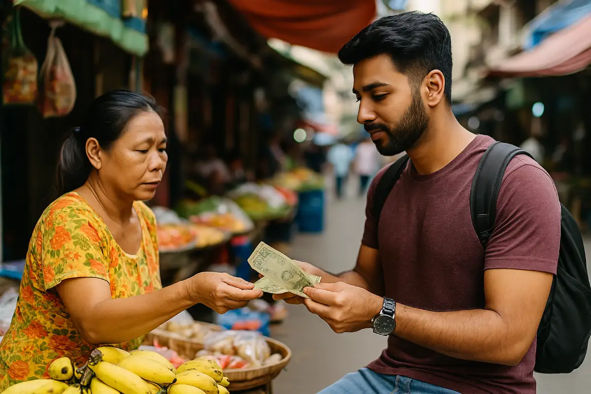 Forex Card vs Cash: What's the Best Choice for International Travelers? 3 Forex card vs cash – Indian tourist using foreign currency notes abroad