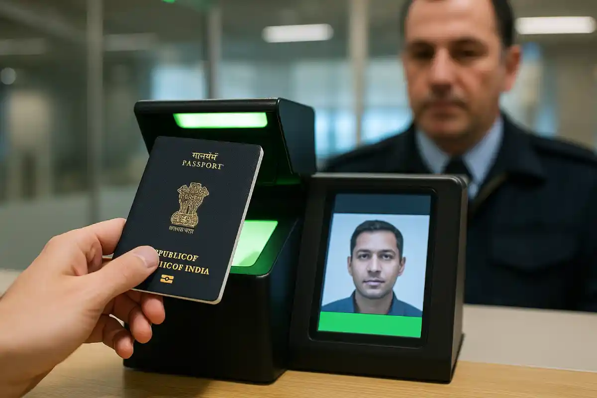 E Passport in India: Complete Guide for 2025 3 Immigration officer scanning e passport in India at airport