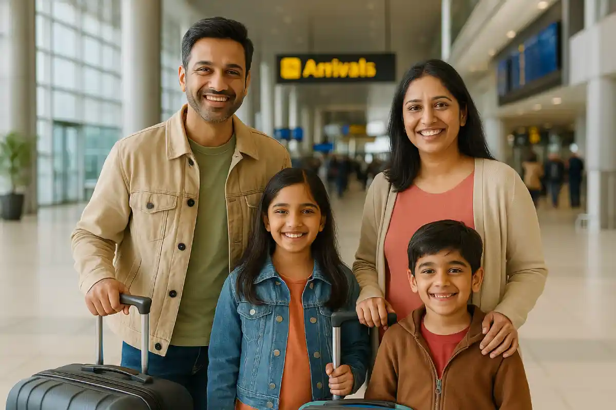 What is Visa on Arrival? Complete Guide for Indian Passport Holders 3 Indian family at airport after visa on arrival process – what is visa on arrival