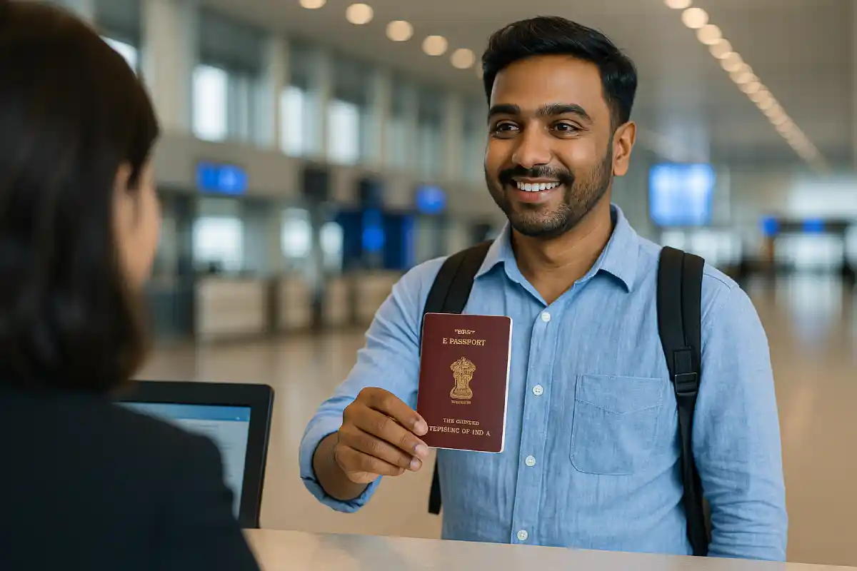 Indian traveler showing e passport in India at airport counter