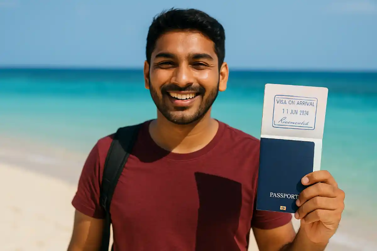 What is Visa on Arrival? Complete Guide for Indian Passport Holders 5 Tourist at tropical beach holding passport with visa on arrival – what is visa on arrival