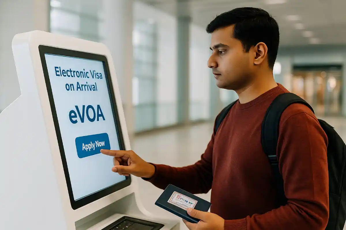 What is Visa on Arrival? Complete Guide for Indian Passport Holders 4 Traveler using airport kiosk for electronic visa on arrival – what is visa on arrival