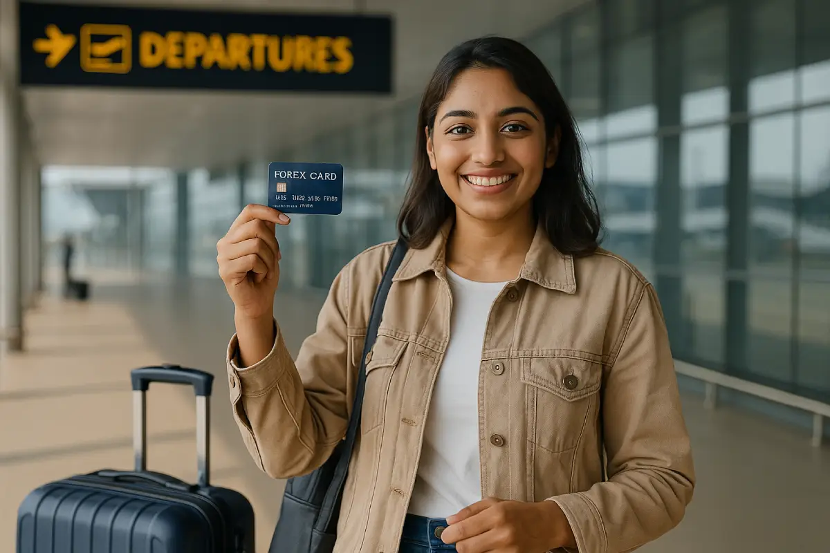 Indian traveler at airport showing forex card which forex card is best