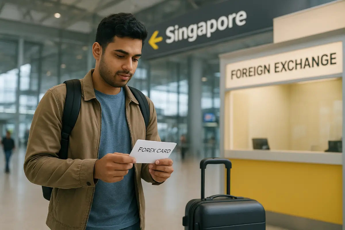 Traveler converting INR to SGD with forex card in Bangalore