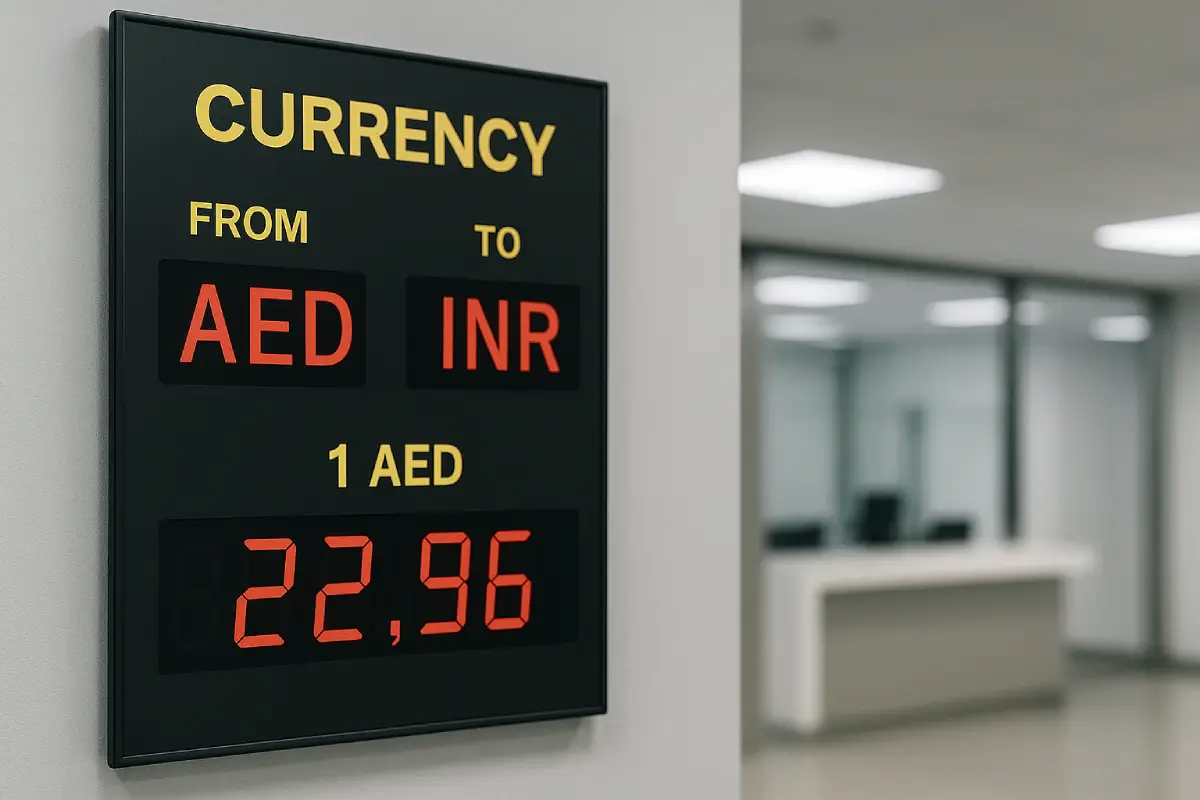 live rate board showing exchange aed to inr conversion