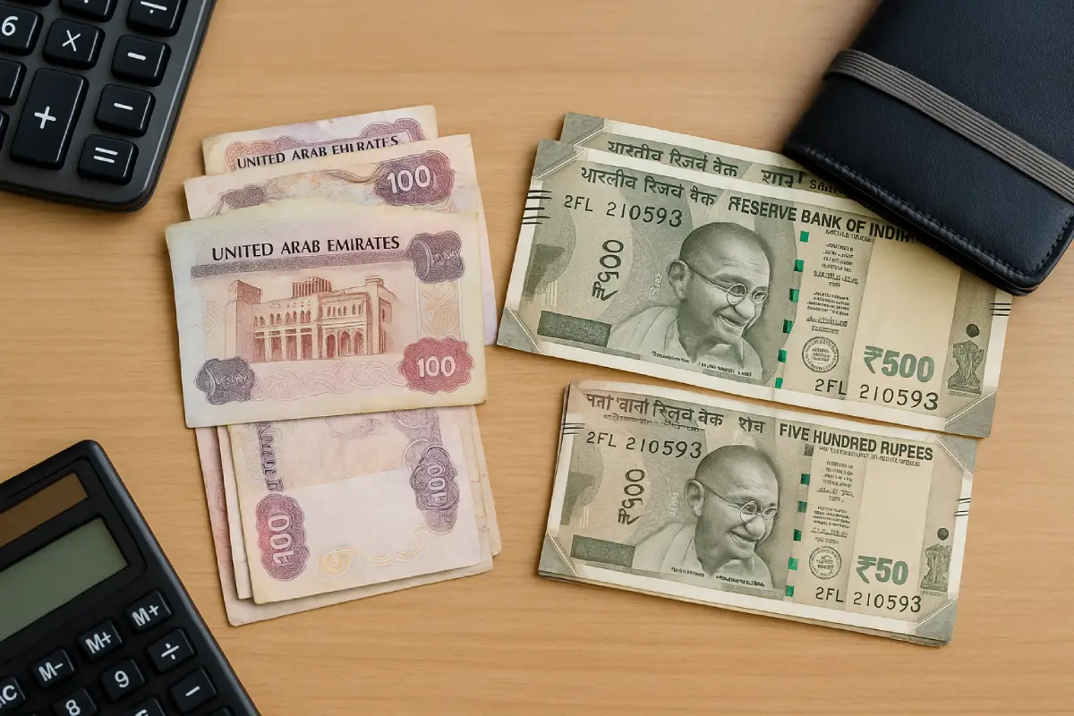 table display of exchange aed to inr currency notes